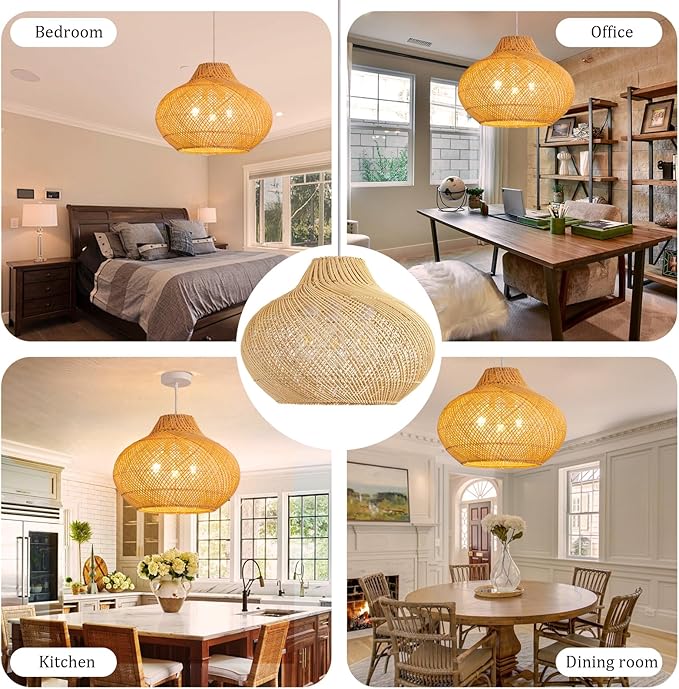3-Light Rattan Pendant Light,18.9" Round Hanging Light,1-Pack Wicker Pendant Light Hand-Woven Rattan Chandelier for Workplace Dining Living Bedroom Kitchen Farmhouse