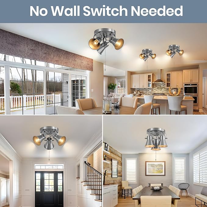 SEEBLEN 3-Light Ceiling Lights with Pull Chain, Adjustable Round Kitchen Ceiling Light, Morden Nickel Flush Mount Directional Track Light for Kitchen, Hallway, Dining Room, Bathroom, Coffee Bar