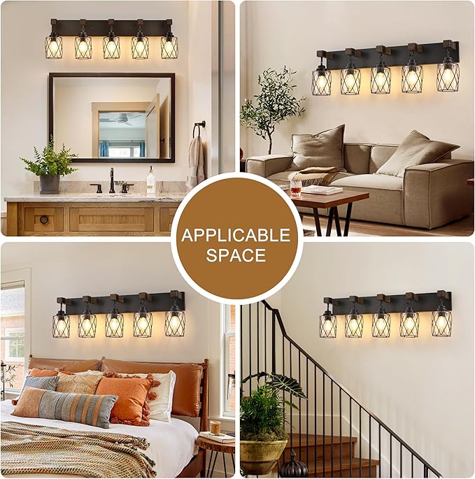 Farmhouse Bathroom Light Fixtures, 5 Light Bathroom Vanity Light with Metal and Glass Lampshade, Wood Rustic Lighting Fixtures Over Mirror, Black Wall Sconces for Living Room, Bedroom