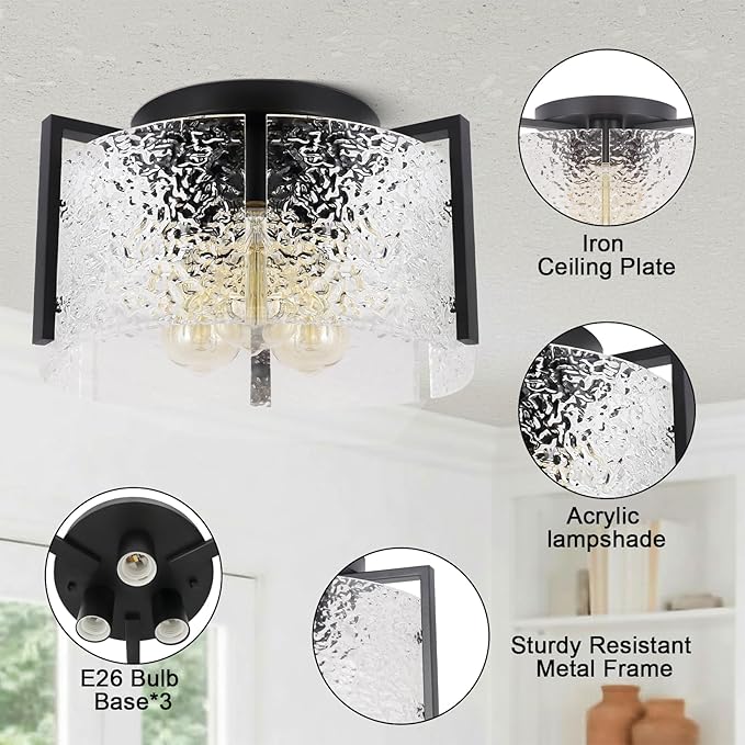 Bektas Semi Flush Mount Ceiling Light, Hallway Light Fixture,Entryway Light,Modern Bedroom Lampe,Metal Light Fixtures,Lighting Fixture Flush Mount for Kitchen Bathroom Dining Room (Black, 3-Light)