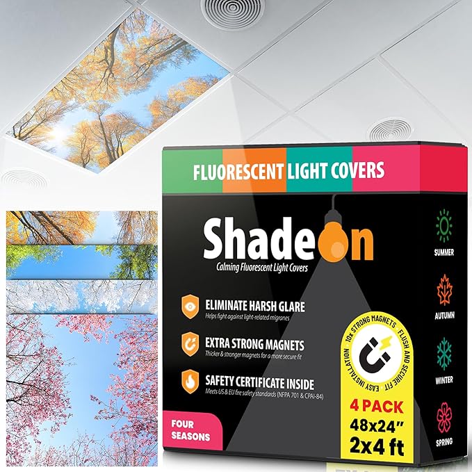 ShadeOn Fluorescent Light Covers for Ceiling Lights Classroom (4-Pack) - 2x4 ft Magnetic Office Light Covers for Fluorescent Lights, Summer, Autumn, Winter, Spring - Four Seasons