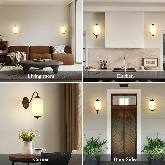 Vintage Milk Glass Wall Sconce - White Dimmable Indoor Wall Lighting with Bulb - Antique Embossed Brass Gold Sconces - Mid Century Vanity Light Fixture for Bathroom Bedroom Living Room Hallway Decor