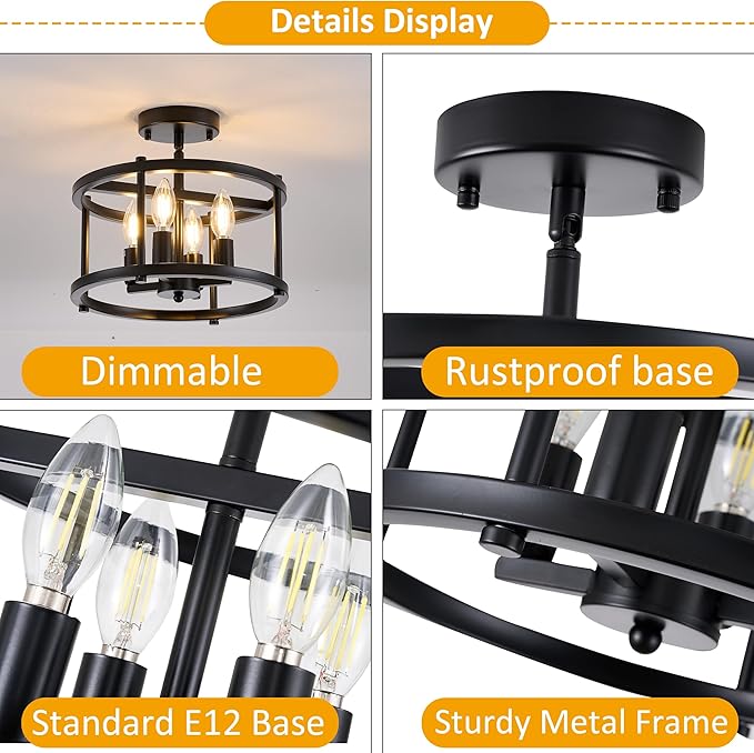 Black Semi Flush Mount Ceiling Light, 4-Light Farmhouse Industrial Ceiling Light Fixture for Hallway Entryway Kitchen Bedroom, Rustic Metal Low Ceiling Light, E12 Base, Bonus Bulbs