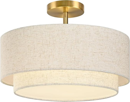 15.7 Inch Flush Mount Ceiling Light Gold Close to Lights Fixture with 2-Layer Fabric Shade 3-Light Drum Modern Lights for Dining Room Bedroom Hallway