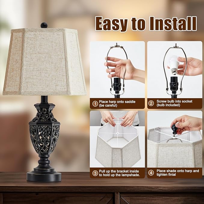 EJIAXIN Lamps for Night Stands Set of 2-23.5" Vintage Bedside Lamp with USB A+C and Nightlight - Black Retro Carved Resin Farmhouse Table Lamp for Bedrooms, End Tables, Living Room, Bulbs Included