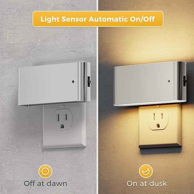 L LOHAS LED Night Light, 2 Pack Dimmable Modern LED Night Lights Plug into Wall,Dusk to Dawn Sensor Night Lights for Kid, 0-100LM 3000K Soft White Nightlight for Hallway Bedroom Stairway(Silver)