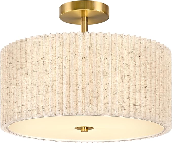 Bagood 3-Light Semi Flush Mount Lights Fixture Drum Ceiling Light with Pleated Fabric Shade Gold Semi Flush Mount Ceiling Lights 16 Inch Close to Light Fixtures for Living Room Hallway