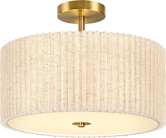 Bagood 3-Light Semi Flush Mount Lights Fixture Drum Ceiling Light with Pleated Fabric Shade Gold Semi Flush Mount Ceiling Lights 16 Inch Close to Light Fixtures for Living Room Hallway