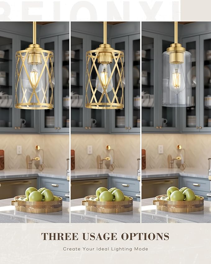 Beionxii Pendant Lights Kitchen Island, Brushed Gold Modern Kitchen Pendant Lighting Over Island, Farmhouse Industrial Cage Hanging Lighting with Clear Glass for Sink, Dining Room, BX-PL07BG