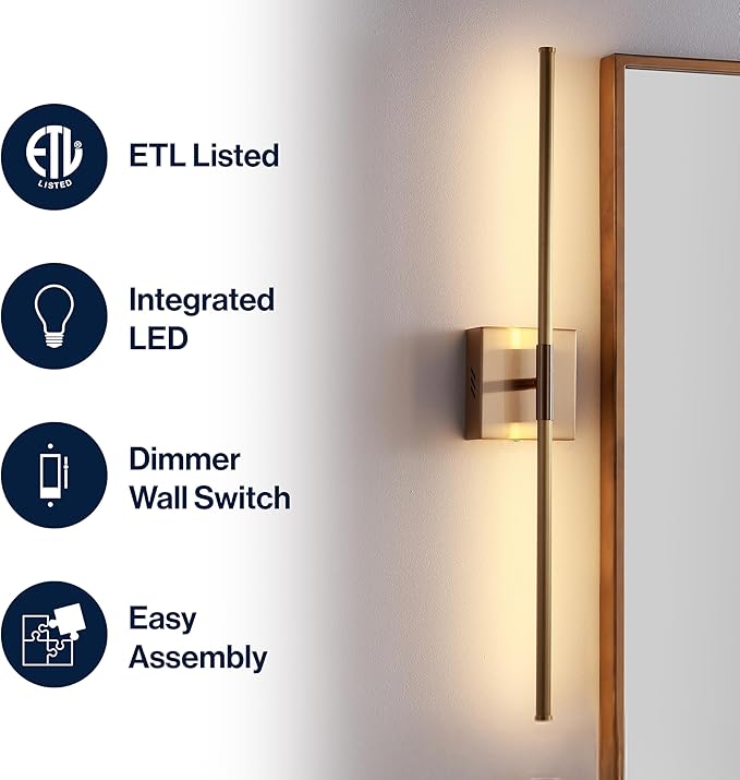 JONATHAN Y 28" Brass Gold Modern Dimmable Integrated LED Wall Sconce, Metal Vanity Light for Bathroom Mirror Bedroom Hallway, Sleek Hardwired Wall Lamp Fixture, 3000K (JYL7022B)