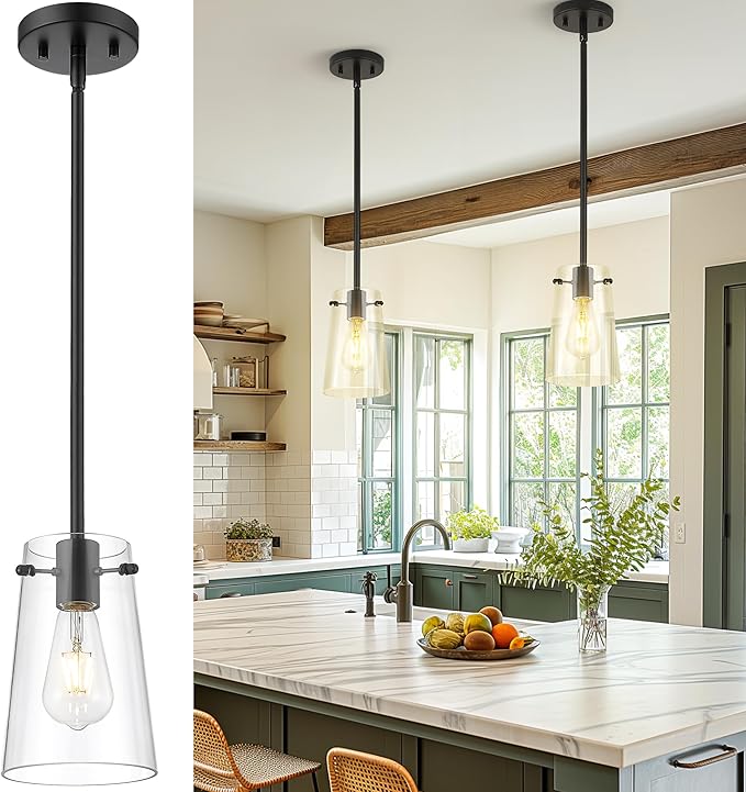 Beionxii Matte Black Pendant Light Fixtures, Pendant Lights Kitchen Island with Clear Glass, Modern Kitchen Pendant Lighting Over Island for Sink, Dining Room, Entryway, BX-PL03MB-CG