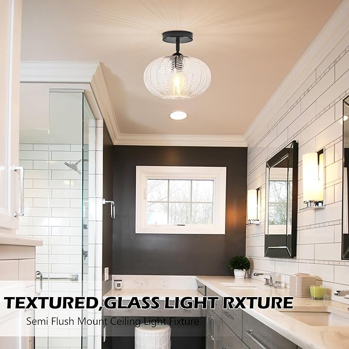 Bagood Black Semi Flush Mount Ceiling Lights Fixture Farmhouse Globe Glass Mid Century Light Fixtures Textured Glass Hallway Lights Fixtures Vintage Ceiling Light for Bathroom Entryway(Bulb Incl.)