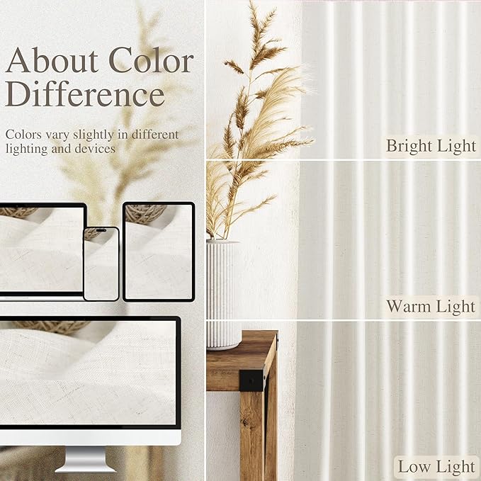 Beige White Linen Curtains 90 Inch Long 2 Panels Set for Bedroom Living Room Beige White Soft Linen Textured Window Drapes Semi Sheer Light Filtering Rod Pocket Back Tab Farmhouse Curtain 52x90