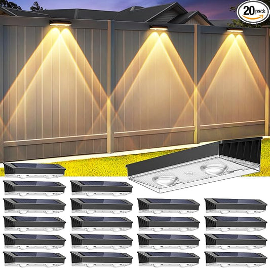Solar Fence Lights Outdoor, 20 Pack Warm/Neutual/Cool White Fence Lights Solar Powered with 2 LED, IP65 Waterproof, Deck Lighting for Backyard, Patio, Wall, Railing, Pool, Stair