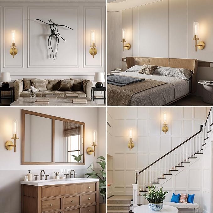15" Knurled Brass Wall Sconce with Clear Glass Tube, Gold Bathroom Vanity Light Fixtures, Modern Lamp Lighting for Bedroom, Living Room, Hallway, Staircase, Mirror, Kitchen