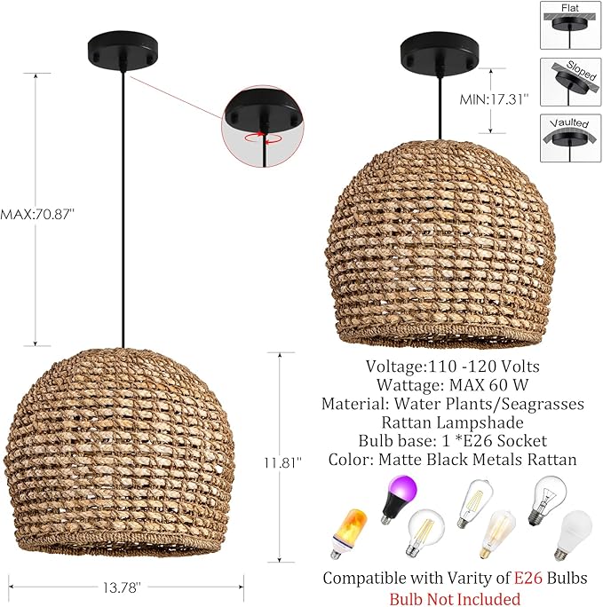 13.77" Brown Rattan Pendant Light Fixtures,1-Light Boho Seagrass Pendant Light,Hand Woven Water Plants Rattan Chandelier for Dining Living Bedroom Kitchen Farmhouse