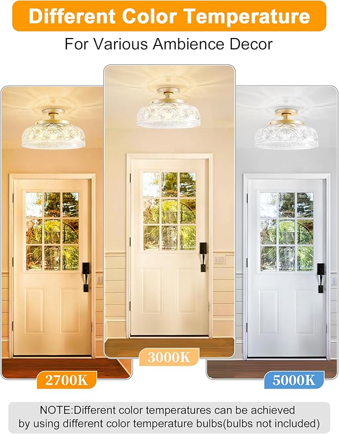 Semi Flush Mount Ceiling Light, 12 Inch Large Gold Ceiling Light Fixture, 3-Light Globe White Glass Farmhouse Kitchen Lighting Fixtures for Bathroom, Hallway, Dining Room (Bulb Not Included)
