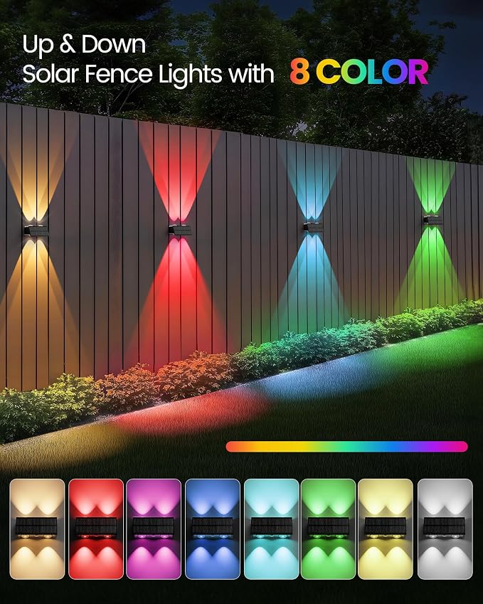 Bridika Solar Fence Lights, 8 Pack Up and Down Solar Lights Outdoor Waterproof, 8 Colors Lens LED Dusk to Dawn Wall Lights for Fence, Patio, Deck, Backyard, Garden