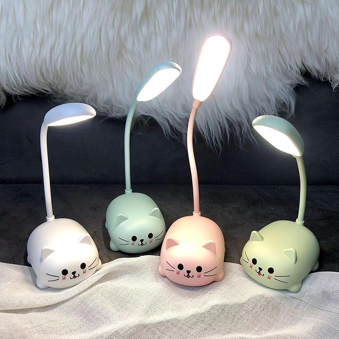 Neioaas LED Desk Lamp for Kids, Cute Cat Lamp USB Rechargeable Reading Light,Portable LED Table Light, Flexible Gooseneck Eye-Care Cartoons Small Desk Lamp Girls Gifts (White)