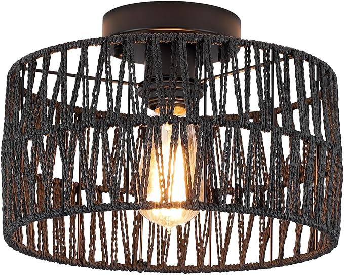 Coastal Black Woven Flush Mount Light Fixture Rustic Industrial Hemp Rope Round Flush Mount Ceiling Light for Hallway Bedroom Farmhouse Kitchen Entryway Hall, Black