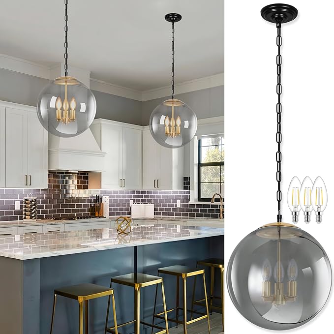 KoKo&Yukina 13.7 Inch Globe Pendant Light Adjustable Gold Globe Pendant Lights Kitchen Island Mid Century Light Fixture with Grey Glass Shade for Living Room
