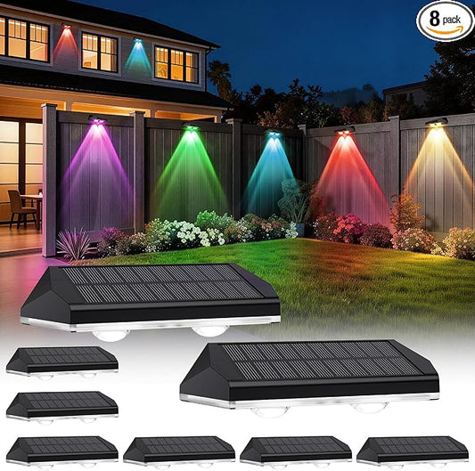 Solar Fence Lights Outdoor, Warm White & RGB Combo 8 Modes Color Changing Fence Lights Solar Powered for Outside, LED IP65 Waterproof Solar Patio Light for Step, Pathway, Garden, Deck, Stairs - 8 Pack