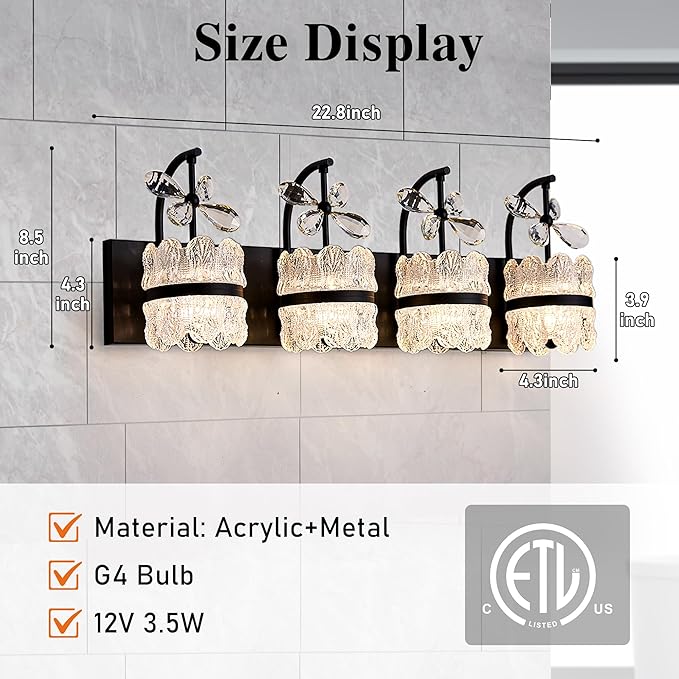 Bathroom Lights Over Mirror - Makeup Lighting Black - Bathroom Vanity Light with Acrylic Shades for Bath, Makeup Desk, Farmhouse, Hallway, 4-Light
