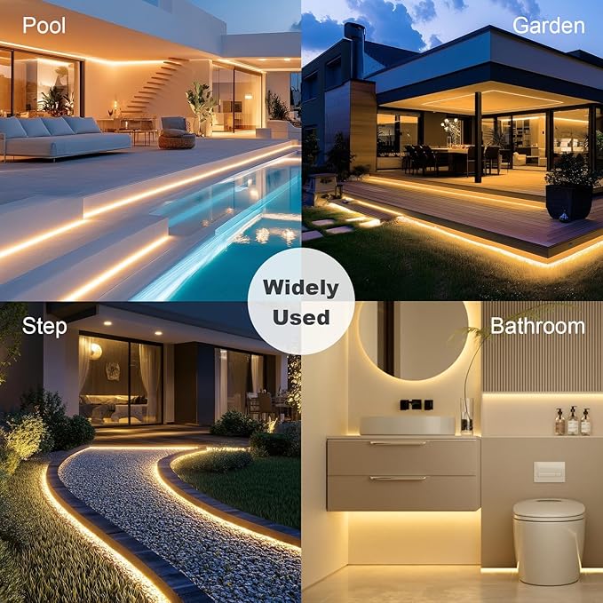 50ft COB Outdoor LED Strip IP67 Waterproof, 3000K Warm Whit DC24V Flexible LED Rope Strips with Remote & App Control Dimmable, DIY Lighting for Indoor, Outdoor, Bedroom, Garden, Patio