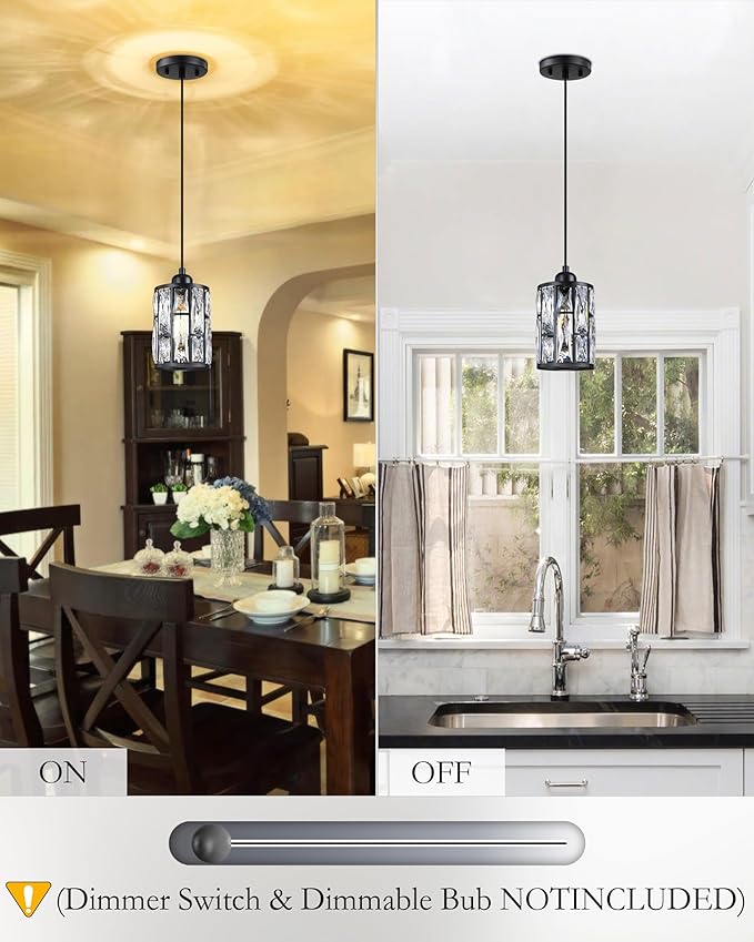 3 Pack 1 Light 5.4" Crystal Shade Hanging Kitchen Island Pendant Light Black Finish,Modern Pendant Fixture with Crystal Metal Shade for Bar,Dining Room,Living Room Over Sink
