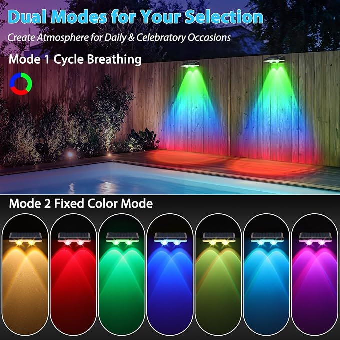 Solar Lights Outdoor 16-Pack, Waterproof Fence Lights Solar Powered with Warm White & 6 RGB Colors & 2 Lighting Modes for Backyard, Deck, Step, Stairs, Balcony, Yard, Patio, Walkway, Pathway