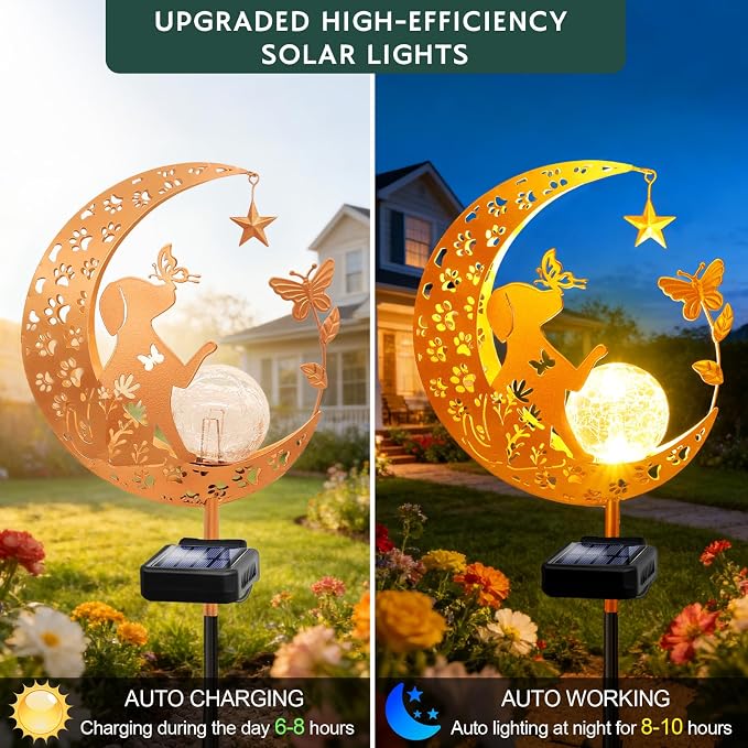 Solar Garden Decor Outdoor Statue, Moon Fairy Garden Figurines with Dog Design for Mom Women Grandma Solar Stake Lights for Patio, Yard, Lawn, Pathway (Warm White)