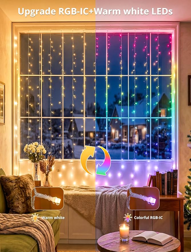 280LED Smart Curtain Lights Outdoor, RGBIC Color Changing Christmas String lights with APP&Remote,IP65 Waterproof Dynamic Curtain Fairy Lights for Bedroom Window Backdrop Xmas Decor,8.2x6.6ft