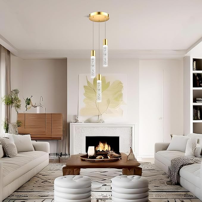 Pendant Lights Kitchen Island, Modern Kitchen Island Lights, Ceiling Lighting Fixtures with Crystal Bubble, Integrated LED Hanging Light Goid 1 Pack(3-Light)