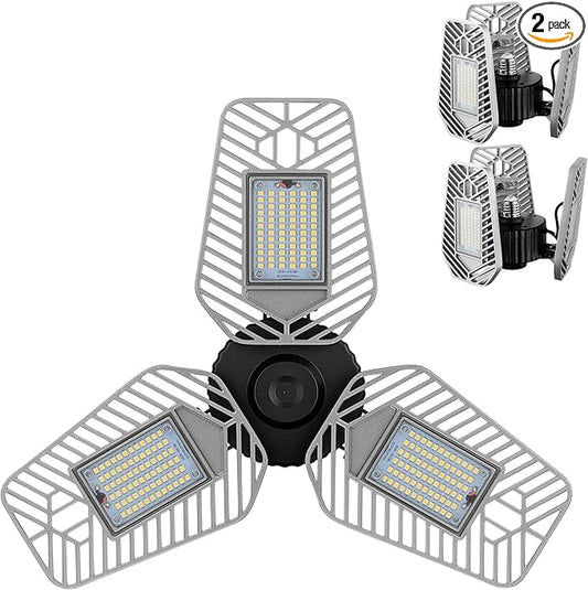 LZHOME 2-Pack Deformable LED Garage Ceiling Lights, 9000 Lumens, 82W CRI 80, Adjustable Shop Lighting (No Motion Activated)