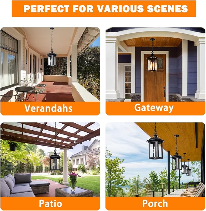 JYZ Dusk to Dawn Outdoor Pendant Lighting, Exterior Hanging Lantern Light Fixture, Classic Black Outdoor Chandelier, Outside Ceiling Mount Hanging Lamp for Porch Hallway Foyer Patio Gazebo Pergola