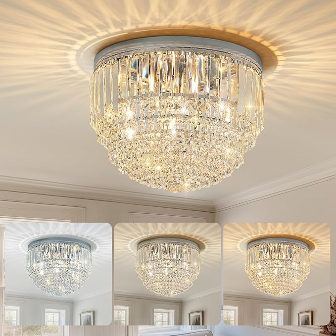 YMP&YZX 5-Lights Crystal Chandelier,15.7" Modern Ceiling Light Fixture Lamp,Flush Mount Round Metal Shade Chandelier E12 Base for Dining Room Living Room Bathroom Bedroom Chrome