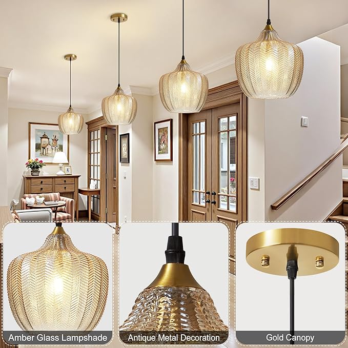 Modern Gold Pendant Light 2 Pack, Amber Glass Kitchen Island Pendant Light Fixture Adjustable Vintage Hanging Ceiling Light for Dining Room Corridor Bedroom 9.45 inch, UL Certification