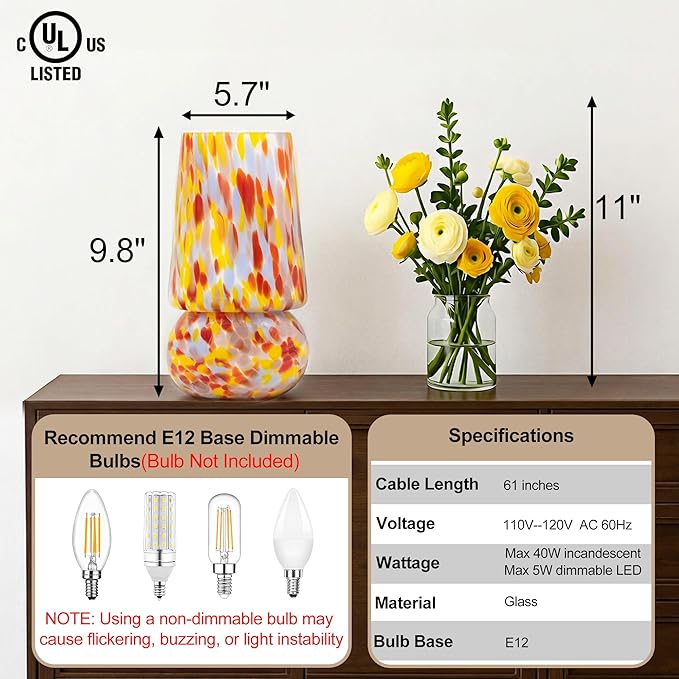 9.8 Inch Mushroom Table Lamp, UL Listed Dimmable Small Desk Bedside Lamp with Woven Beige Cord, Handcrafted Pattern, Murano Home Decor for Bedroom, Living Room, Pastel Confetti, No Bulb Included