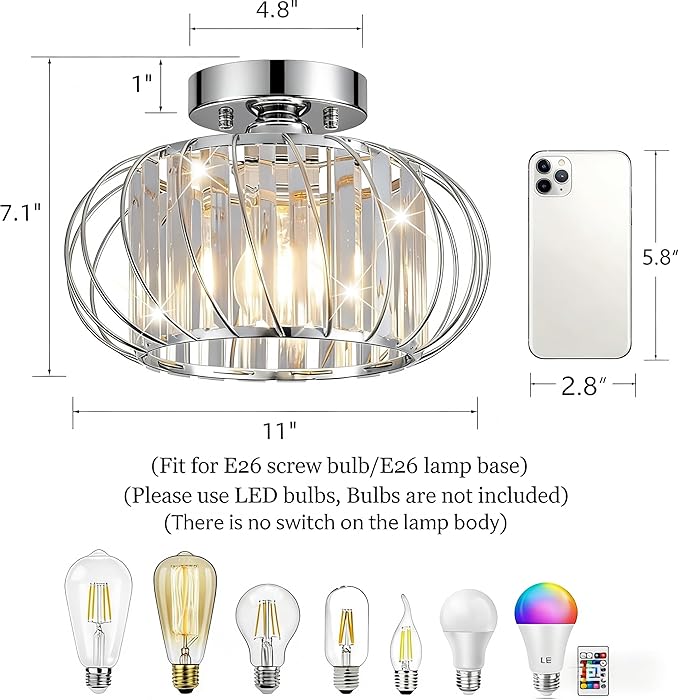 Semi Flush Mount Crystal Ceiling Light, Metal Cage Hallway Ceiling Lamps, Farmhouse Ceiling Light Fixture, Industrial Crystal Chandelier for Corridor Bathroom Kitchen (1, Chrome, 11 Inch)