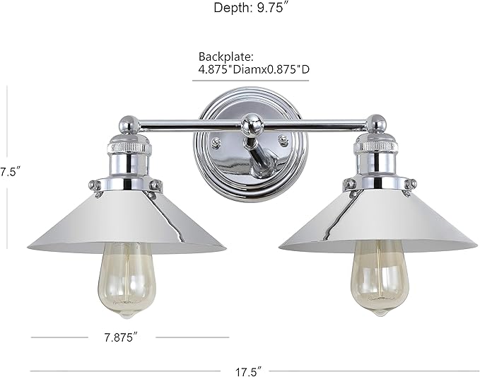 JONATHAN Y 17.5" Chrome 2-Light Industrial Farmhouse Metal Vanity Light Wall Sconce, Metal Shade for Bathroom Mirror, Kitchen, Entryway, LED Bulb Included (JYL7424A)