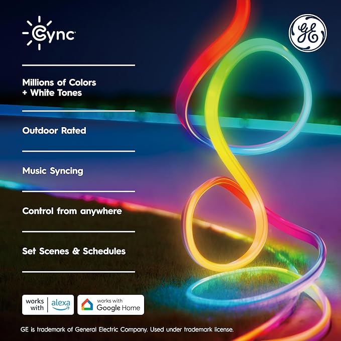 Cync GE Dynamic Effects Smart LED Light Strip with Music Sync, Color Changing Outdoor Light Strip, Compatible with Alexa and Google Home, 32ft Waterproof Light + Power Supply