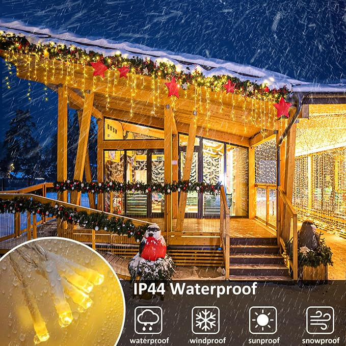 Icicle Lights for Outside - 16.5FT 200 LED Icicle Christmas Lights Outdoor with 8 Modes Waterproof, Plug in String Twinkle Light for Indoor House Room Yard Party Wedding Xmas Decorations, Warm White