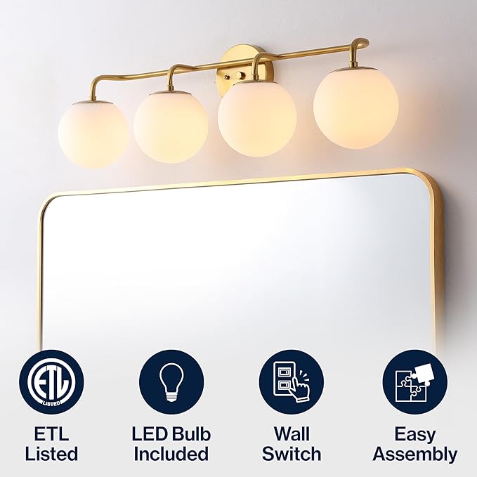 JONATHAN Y 31" Gold Painting Modern Globe Wall Sconce Vanity Light for Bathroom, White Frosted Glass Shade, Midcentury Parisian Bistro Wall Lamp, LED Bulb Included (JYL3558A)