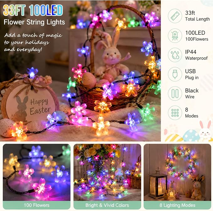 Pastel Flower Fairy Lights String with Timer for Easter Christmas Decor, | USB plug in 8 modes multicolored cherry blossom lights for wedding, Christmas Easter, bedroom, indoor outdoor decorations