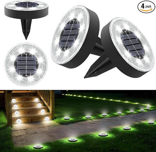 Joomer 2-in-1 Solar Lights Outdoor Waterproof Solar Powered Ground Lights | 4 Pack 8 LED Solar Garden Lights Disc Landscape Lighting for Patio Pathway Lawn Yard Driveway Walkway (White)