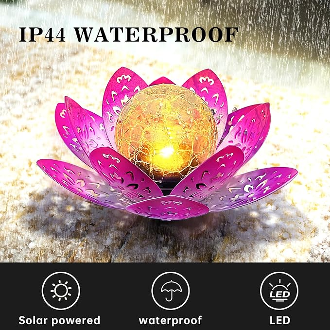 2 Pack Solar Garden Decor Lights Outdoor, Decorative Lotus Flower Solar Lights with Crackle Glass Globe, Waterproof Metal Solar Lights for Patio Yard Lawn Walkway Garden Decor