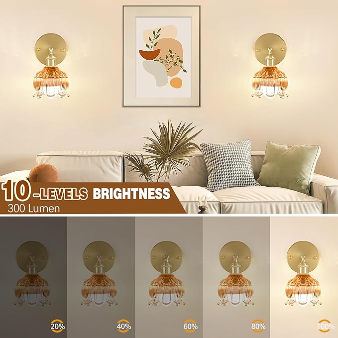 Wireless Wall Sconce with Flower lampshade, Battery Operated Wall Lights,Wall lamp with 15 Colors for Bedroom Living Room Home Decor (Amber, 2 Light Battery Operated)