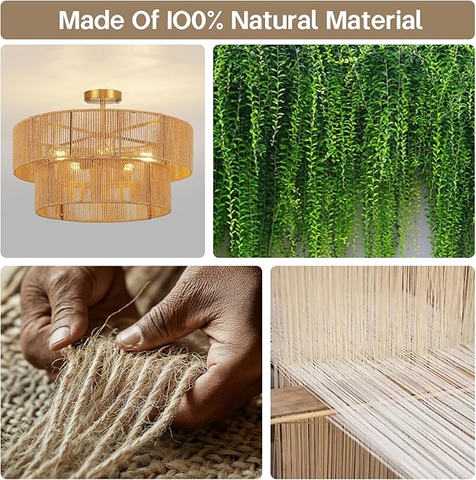 22” Boho 2-Tier Rattan Ceiling Light Fixture, 5-Light Flush Mount Woven Chandelier for Bedroom, Dining Room, Kitchen, Entryway, Living Room, Rustic Gold Lighting