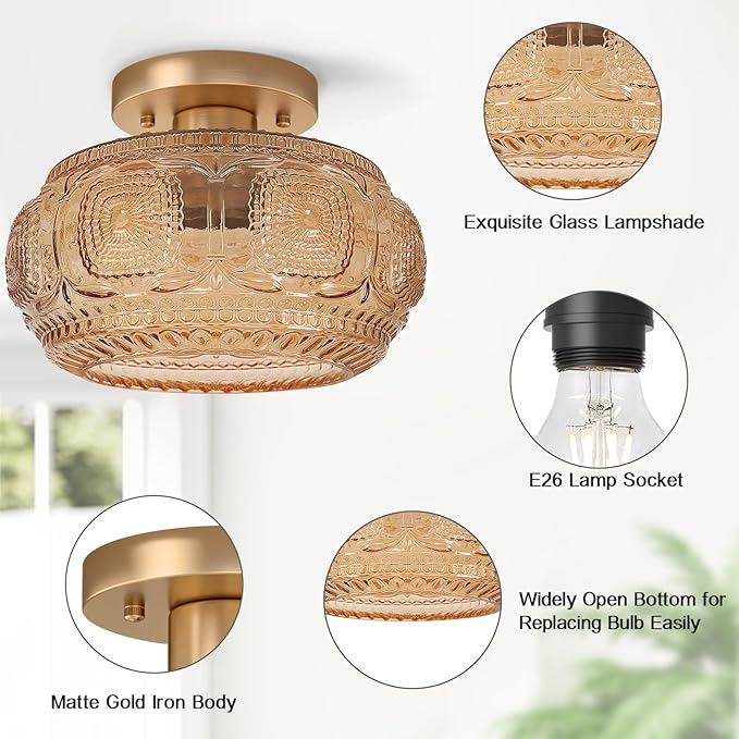 Semi Flush Mount Ceiling Light, Amber Globe Glass Ceiling Light Fixture, Art Deco Kitchen Lighting fixtures Ceiling for Hallway Porch Corridor Bedroom, Bulb Not Included