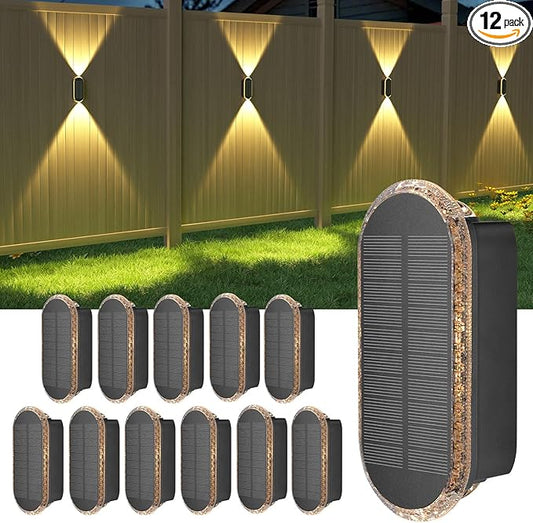 Ellasay Solar Fence Lightsv Backyark: 12-Pack Fence Lights Solar Powered 3 Color Modes - Up & Down LED Waterproof Solar Wall Lights for Outdoor Yard/Porch/Patio/Railing